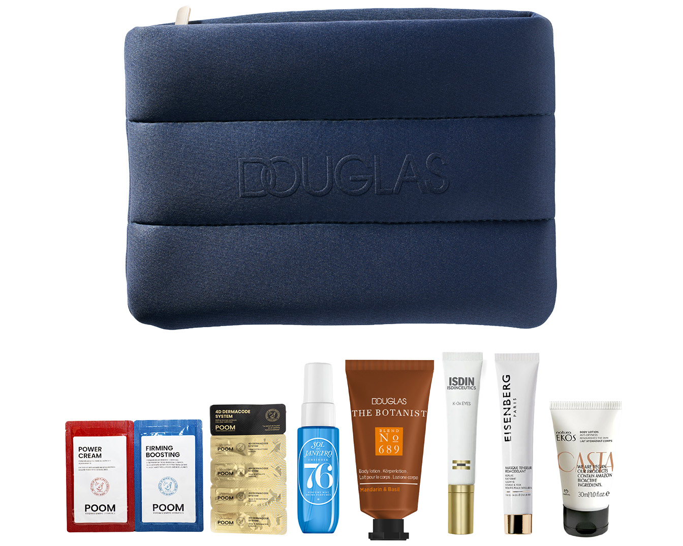 Neceser acolchado azul marino de Douglas con una selección de productos de belleza, incluyendo cremas, lociones y tratamientos faciales.