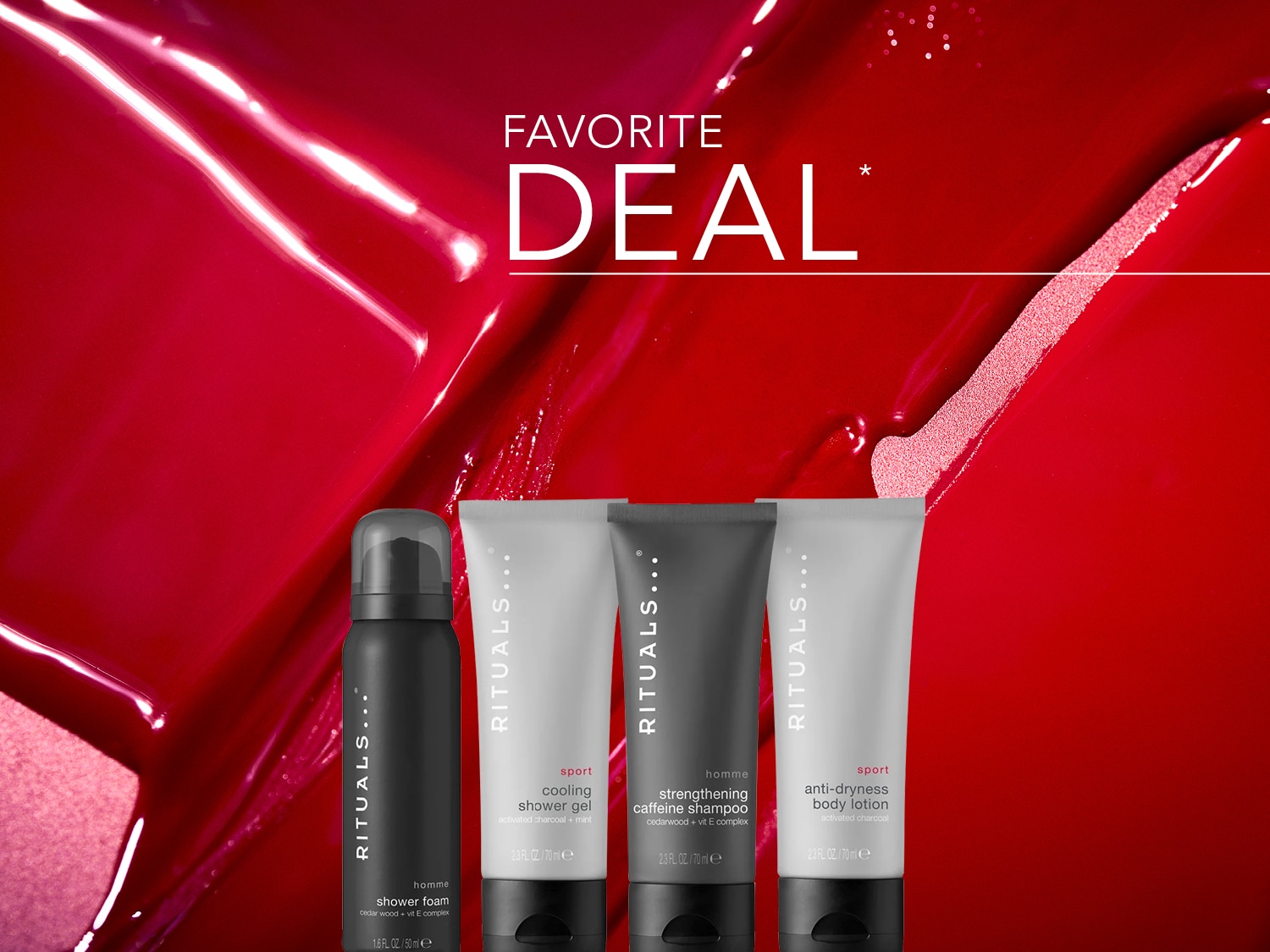 Ontdek de Rituals... Homme collectie met shower foam, cooling shower gel, caffeine shampoo en anti-dryness body lotion, nu met een favoriete deal!