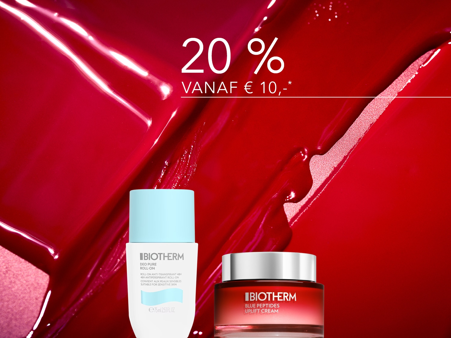 Geniet van 20% korting vanaf € 10 op Biotherm producten, inclusief de Deo Pure Roll-On en Blue Peptides Uplift Cream.