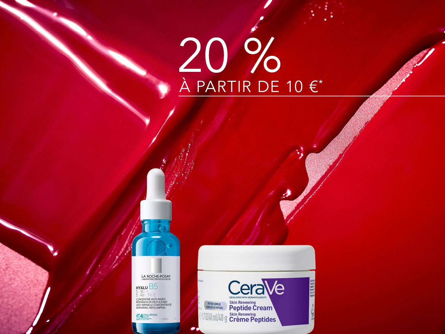 Profitez de 20% de réduction à partir de 10 € sur les soins de la peau La Roche-Posay Hyalu B5 et CeraVe Peptide Cream pour une peau réparée et repulpée.