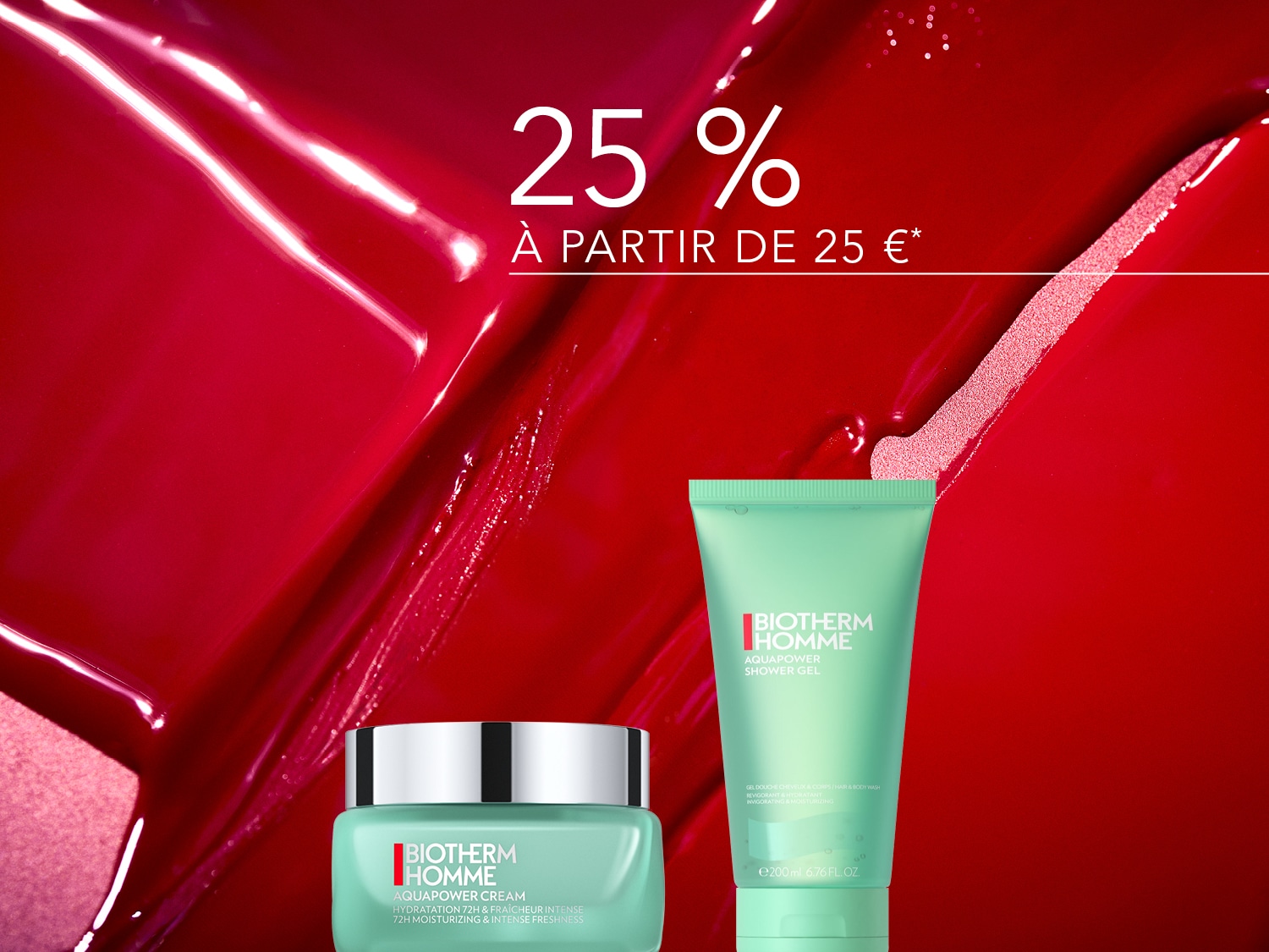 Profitez de 25% de réduction à partir de 25€ sur les produits Biotherm Homme, incluant la crème Aquapower pour une hydratation intense et le gel douche Aquapower pour une sensation revigorante.