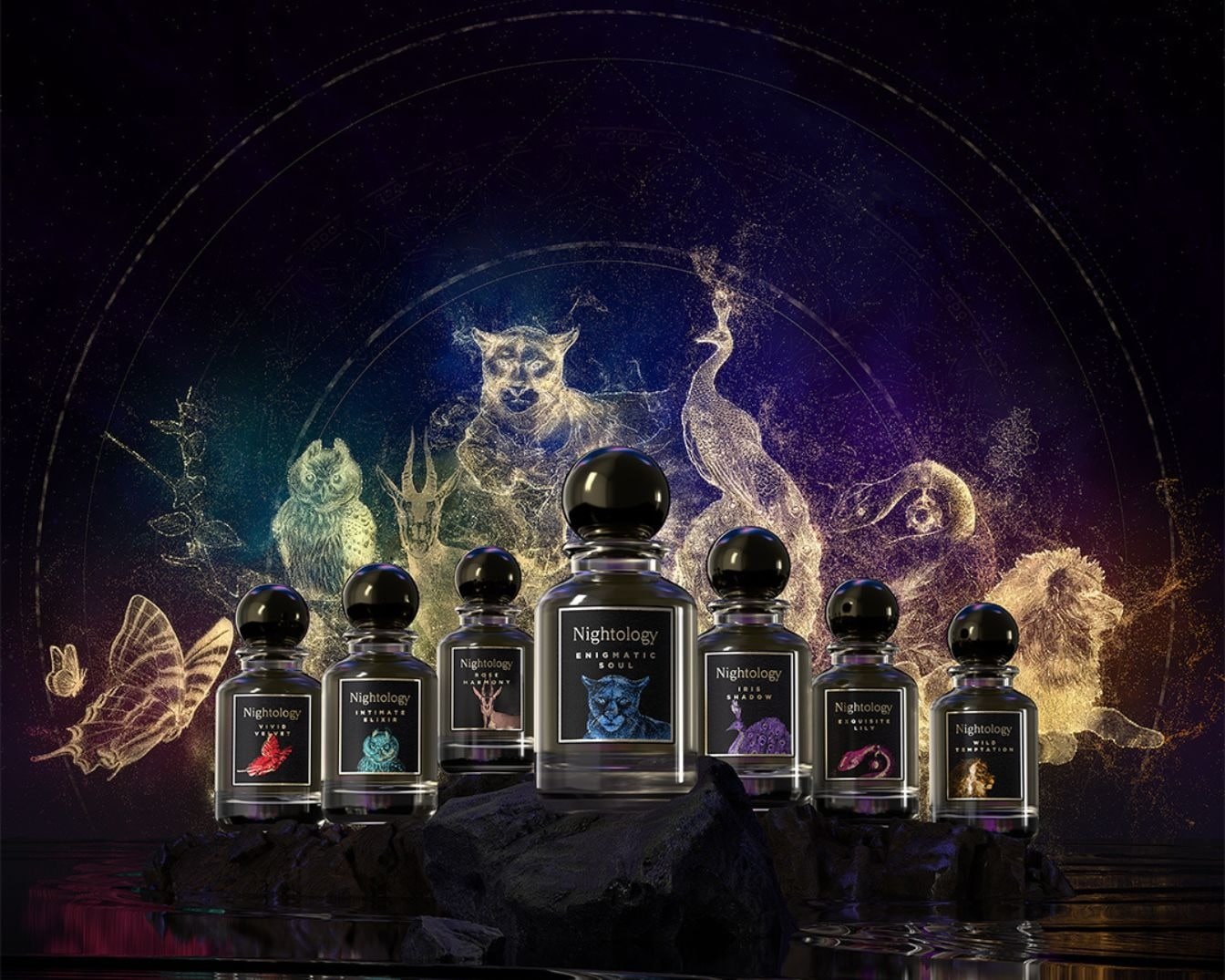 Découvrez la collection Nightology, où chaque parfum est une invitation à explorer les profondeurs de l'âme, présentée dans des flacons élégants sur un fond cosmique mystérieux.