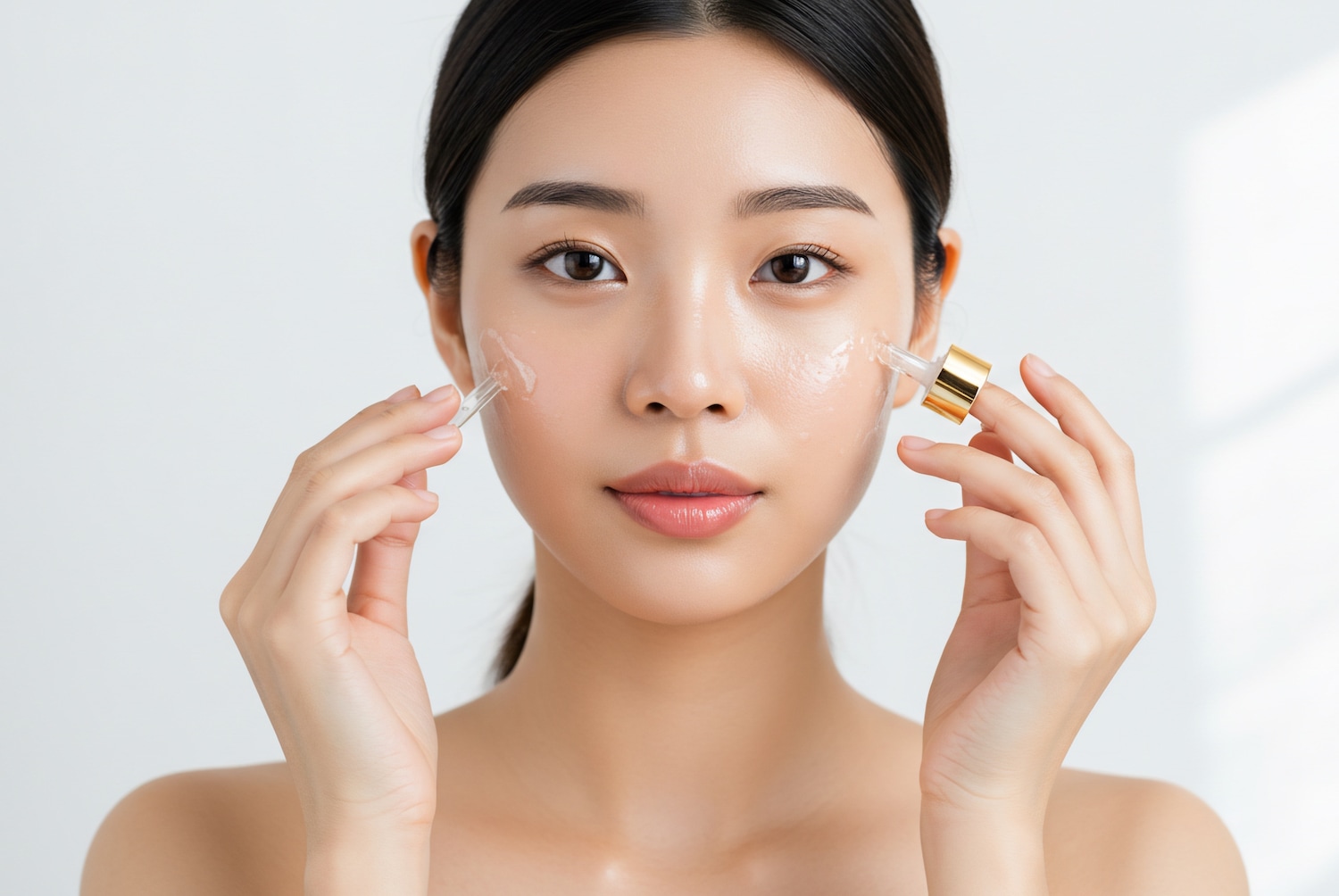 Eine Frau mit heller Haut trägt mit zwei Pipetten ein Serum auf ihr Gesicht auf, um ihre Hautpflegeroutine zu ergänzen.
