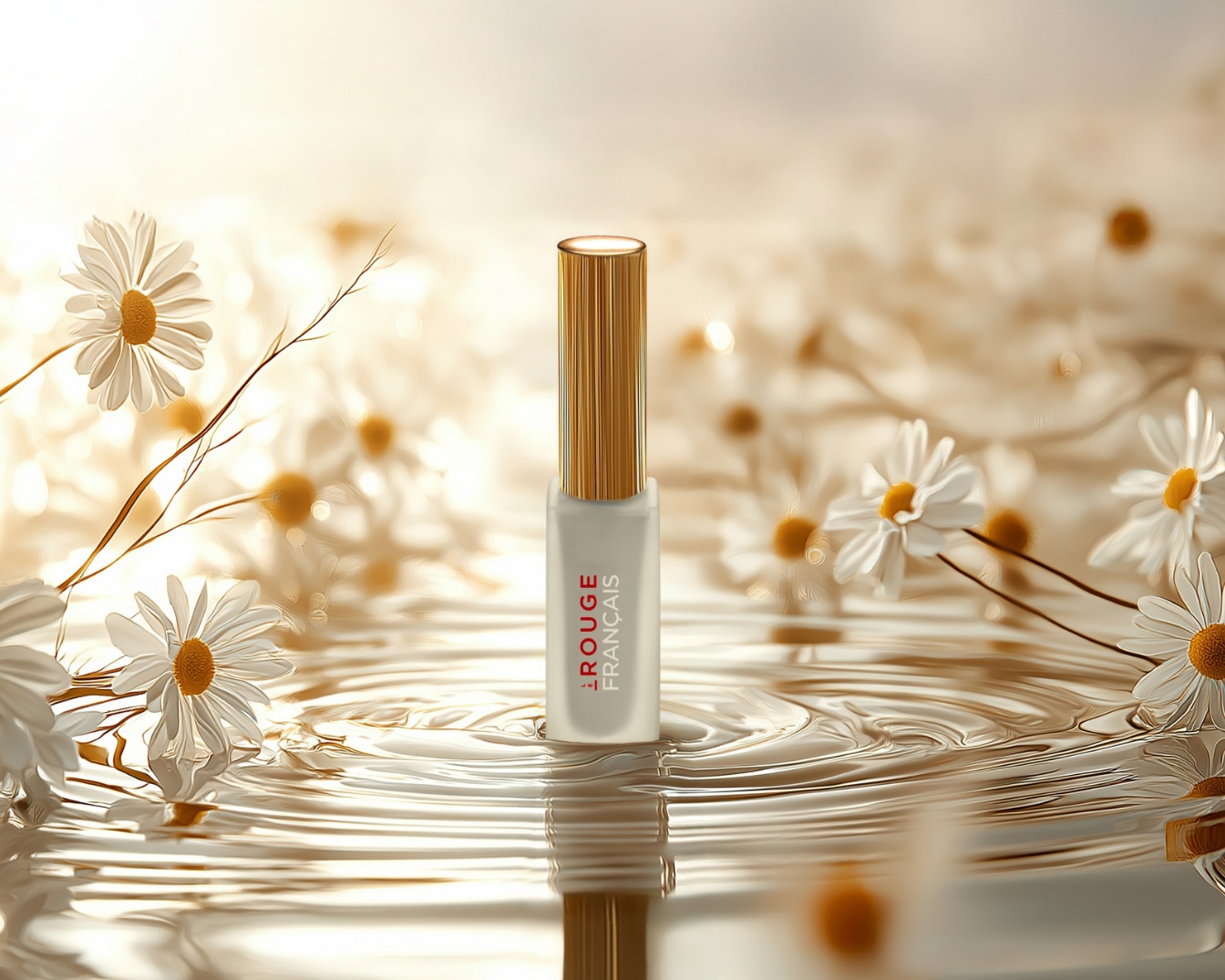 Découvrez le Rouge Français, un rouge à lèvres rouge éclatant avec un emballage doré élégant, sur un fond rouge assorti.