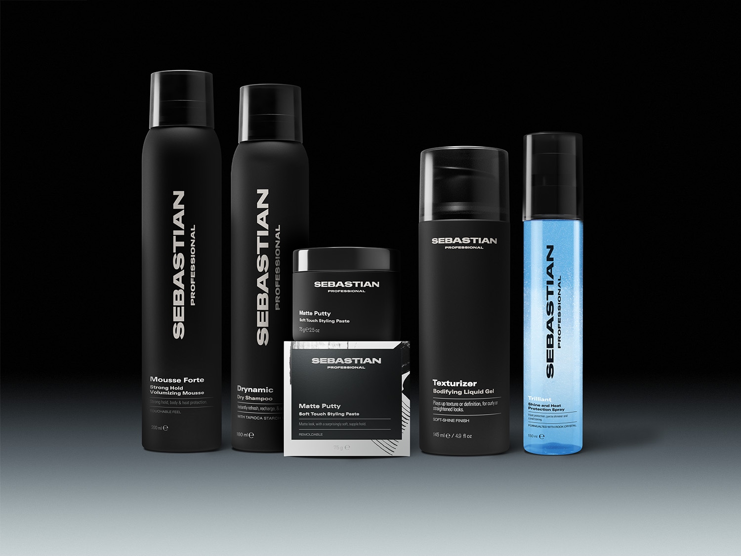 Eine Auswahl an Sebastian Professional Haarprodukten, darunter Mousse Forte, Drynamic Trockenshampoo, Matte Putty Styling Paste und Texturizer Bodifying Liquid Gel, die für starken Halt, Definition und Hitzeschutz sorgen.