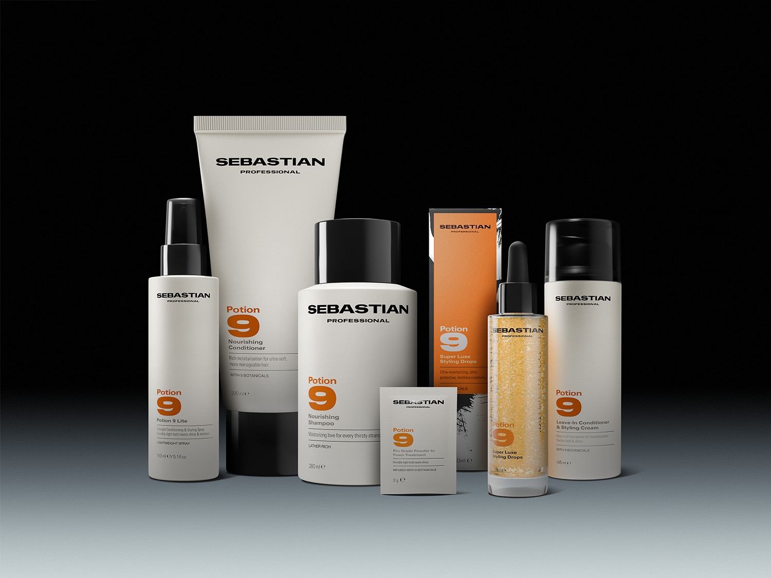 Eine Auswahl an Sebastian Professional Potion 9 Haarpflegeprodukten, darunter Shampoo, Conditioner, Stylingcreme und Tropfen, die Feuchtigkeit spenden und das Haarstyling verbessern.