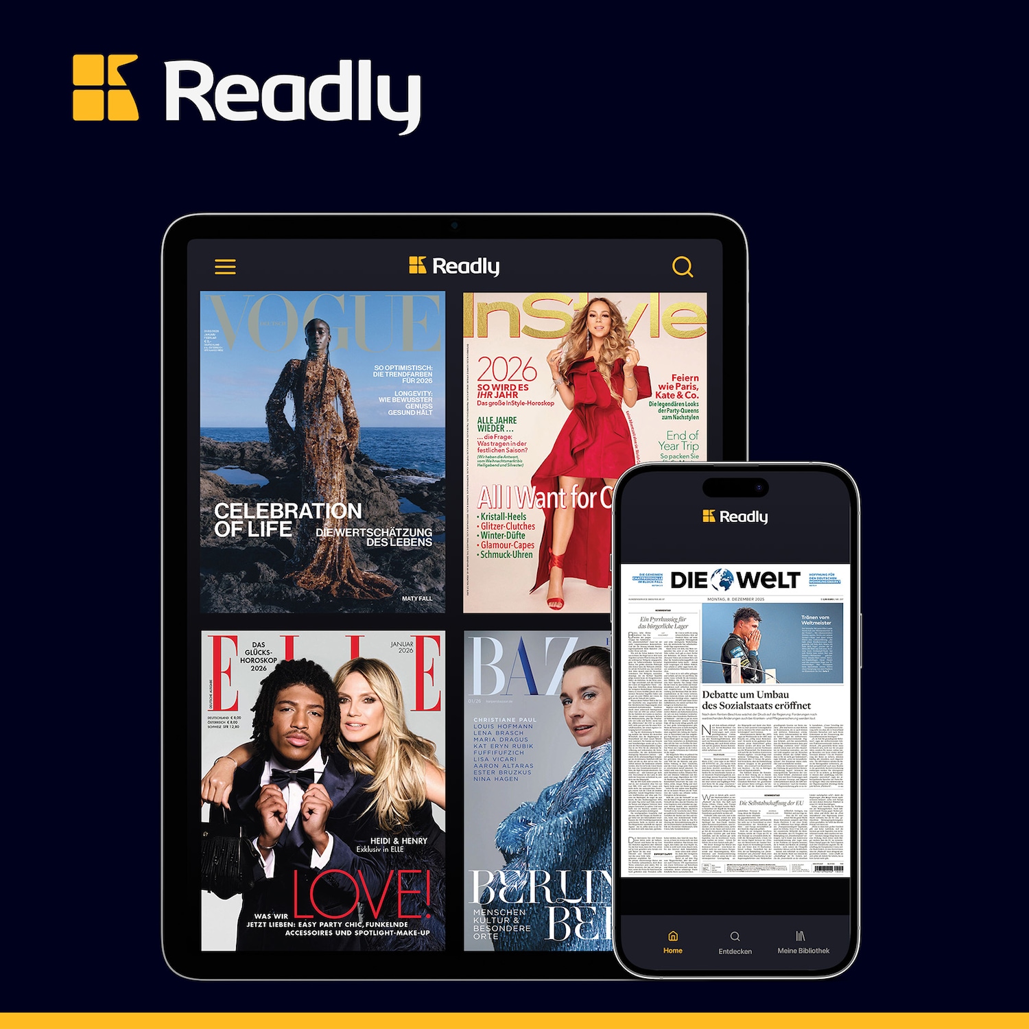 Auf einem Tablet und Smartphone werden digitale Ausgaben von Zeitschriften wie Vogue, InStyle, Elle, BAZ und Die Welt über die Readly-App präsentiert.