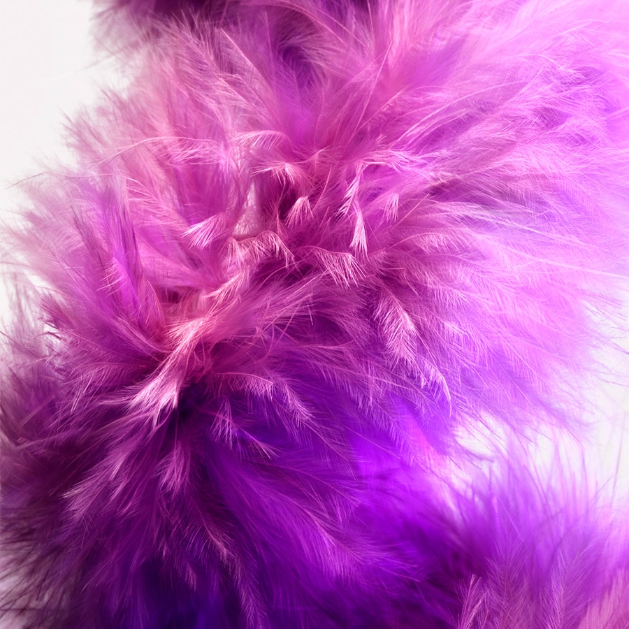 Delikatne, puszyste pióra w odcieniach fioletu i różu tworzą miękką, teksturowaną powierzchnię, idealną do dodania subtelnego akcentu kolorystycznego.