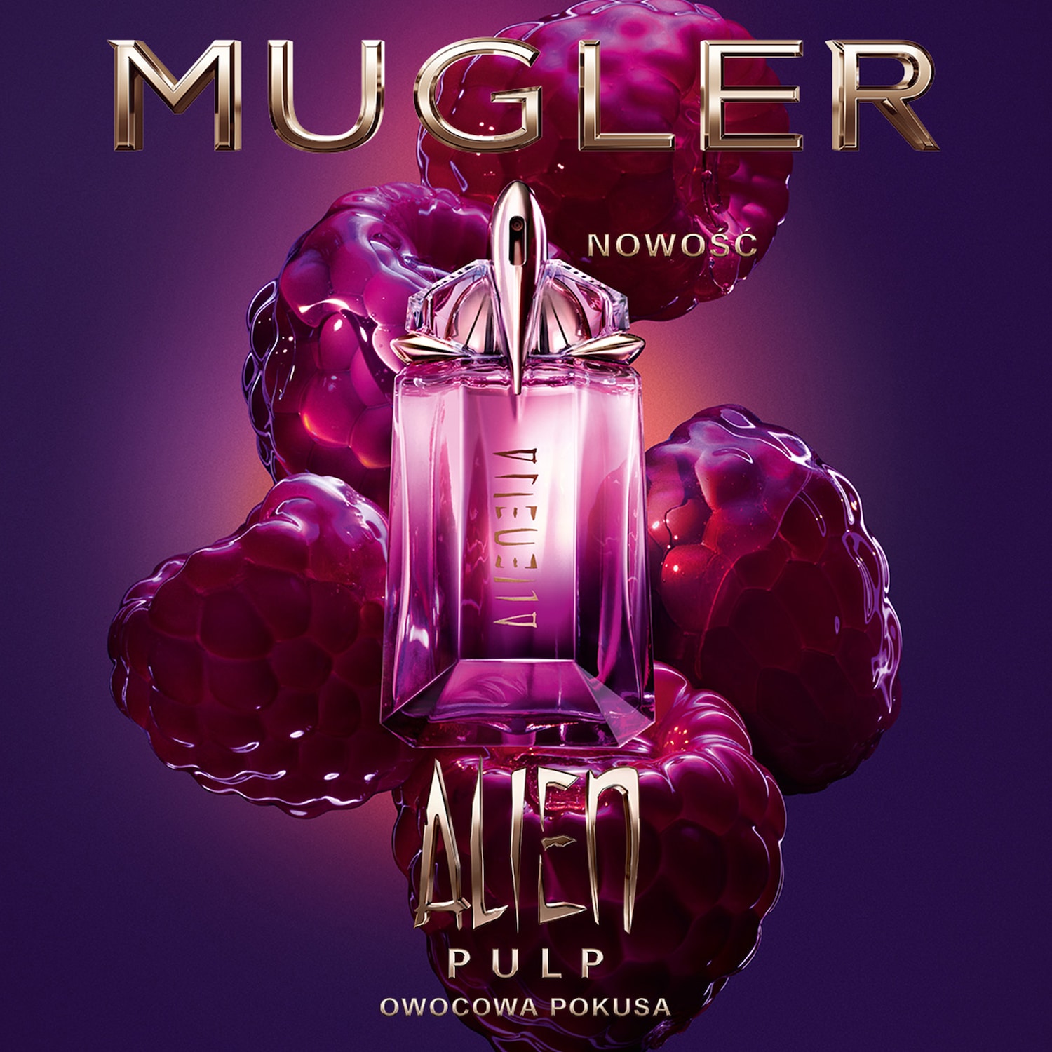 Nowość od Mugler Alien Pulp Owocowa Pokusa, flakon otoczony malinami na fioletowym tle.
