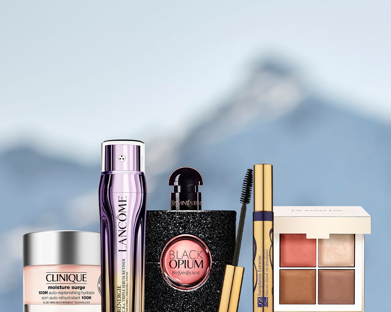 Krem Clinique Moisture Surge, serum Lancôme Rénergie Triple Serum Retinol, perfumy Yves Saint Laurent Black Opium i paleta cieni do powiek Dr Irena Eris.