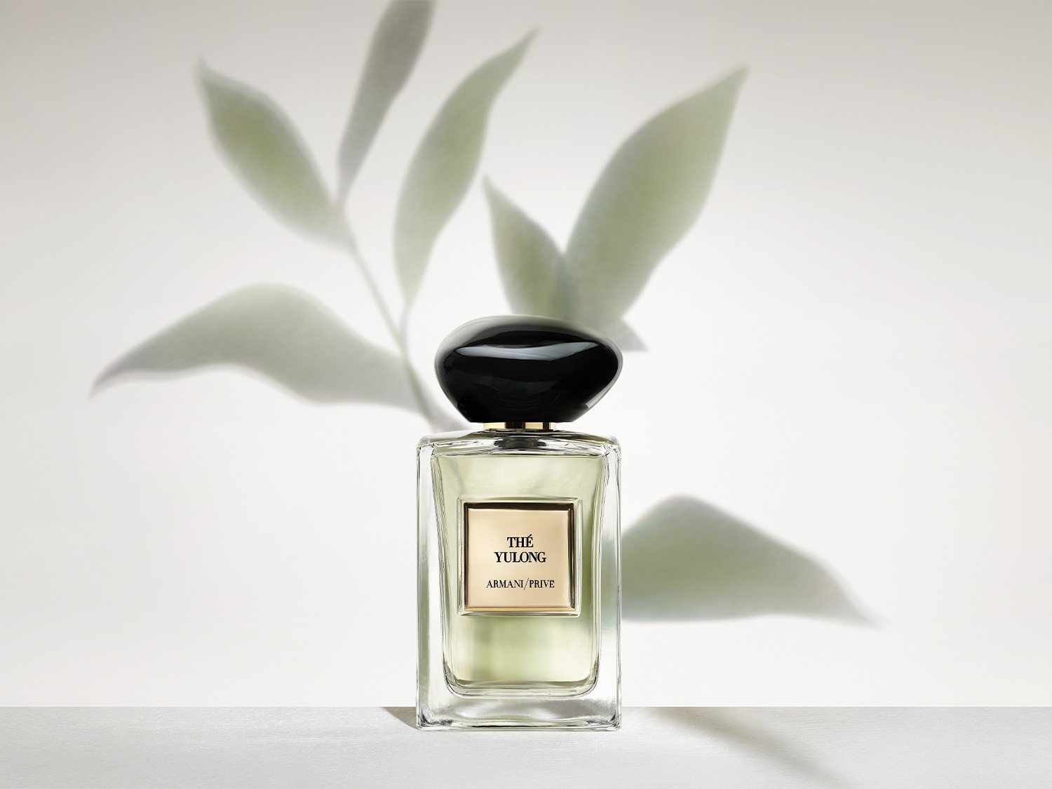 Découvrez Thé Yulong d'Armani Privé, un parfum raffiné dans un flacon en verre transparent avec un bouchon noir brillant, évoquant l'élégance et le luxe.