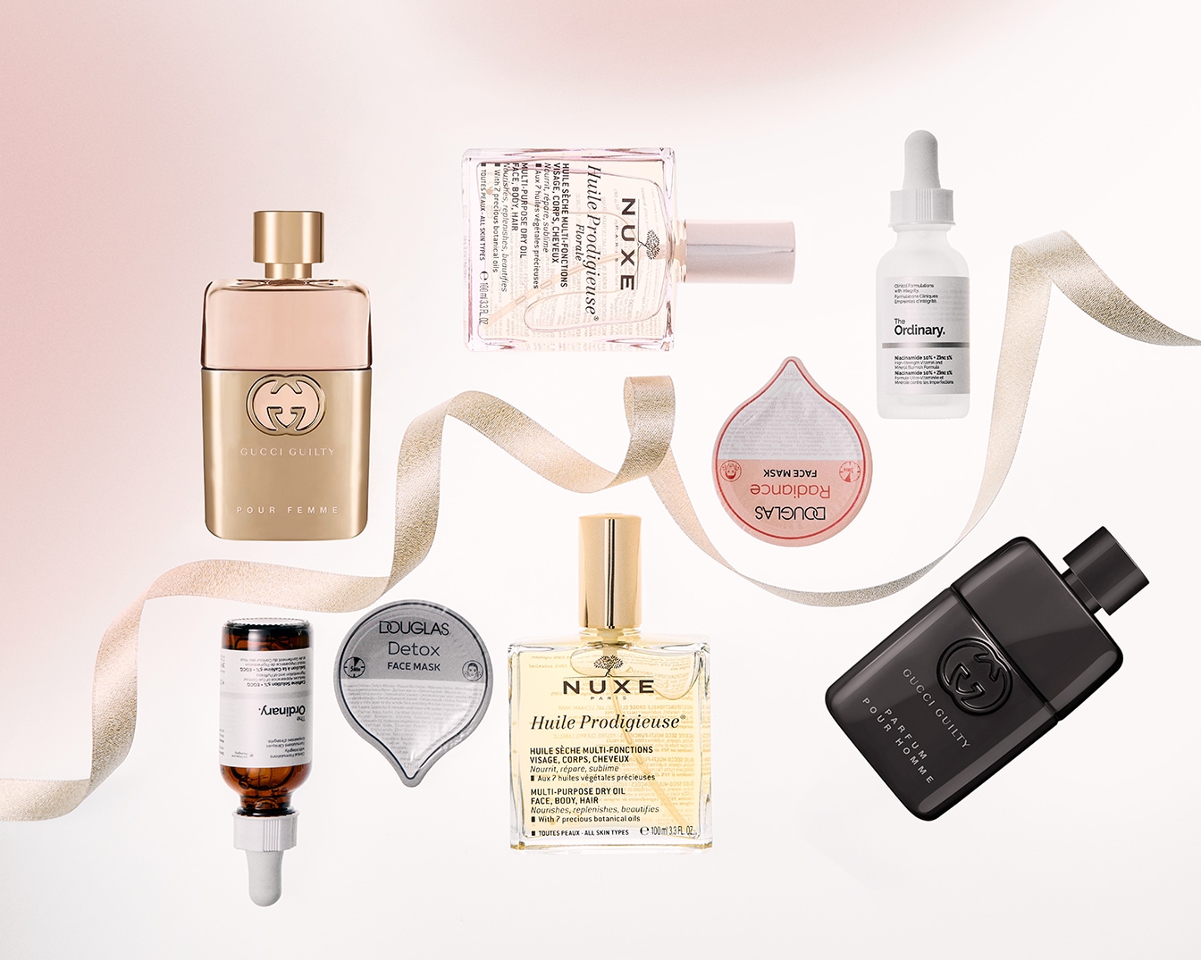 Ontdek een collectie van schoonheidsproducten, waaronder Gucci Guilty Pour Femme, Nuxe Huile Prodigieuse en maskers van Douglas en The Ordinary.
