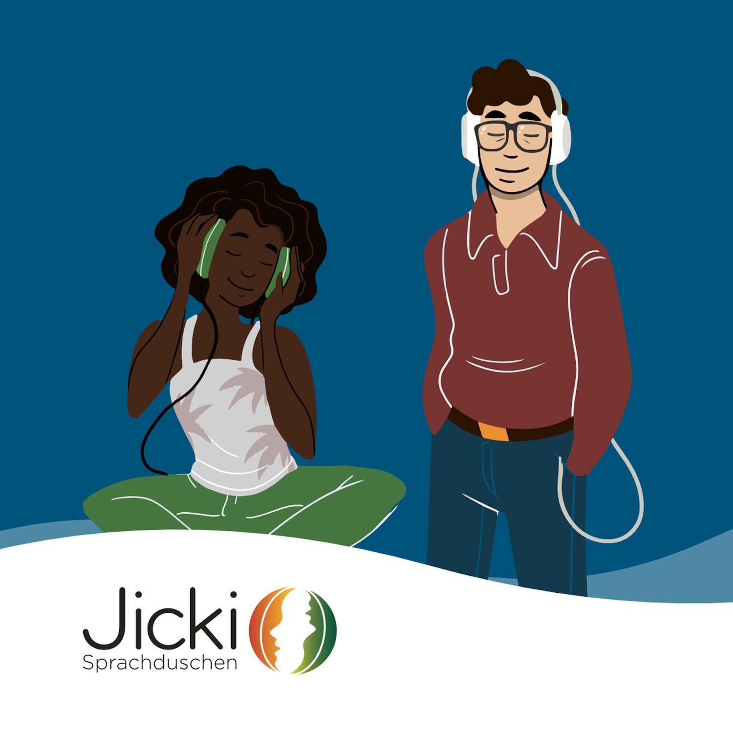 Illustration de deux personnes écoutant de la musique avec des écouteurs, sur un fond bleu avec le logo Jicki Sprachduschen.