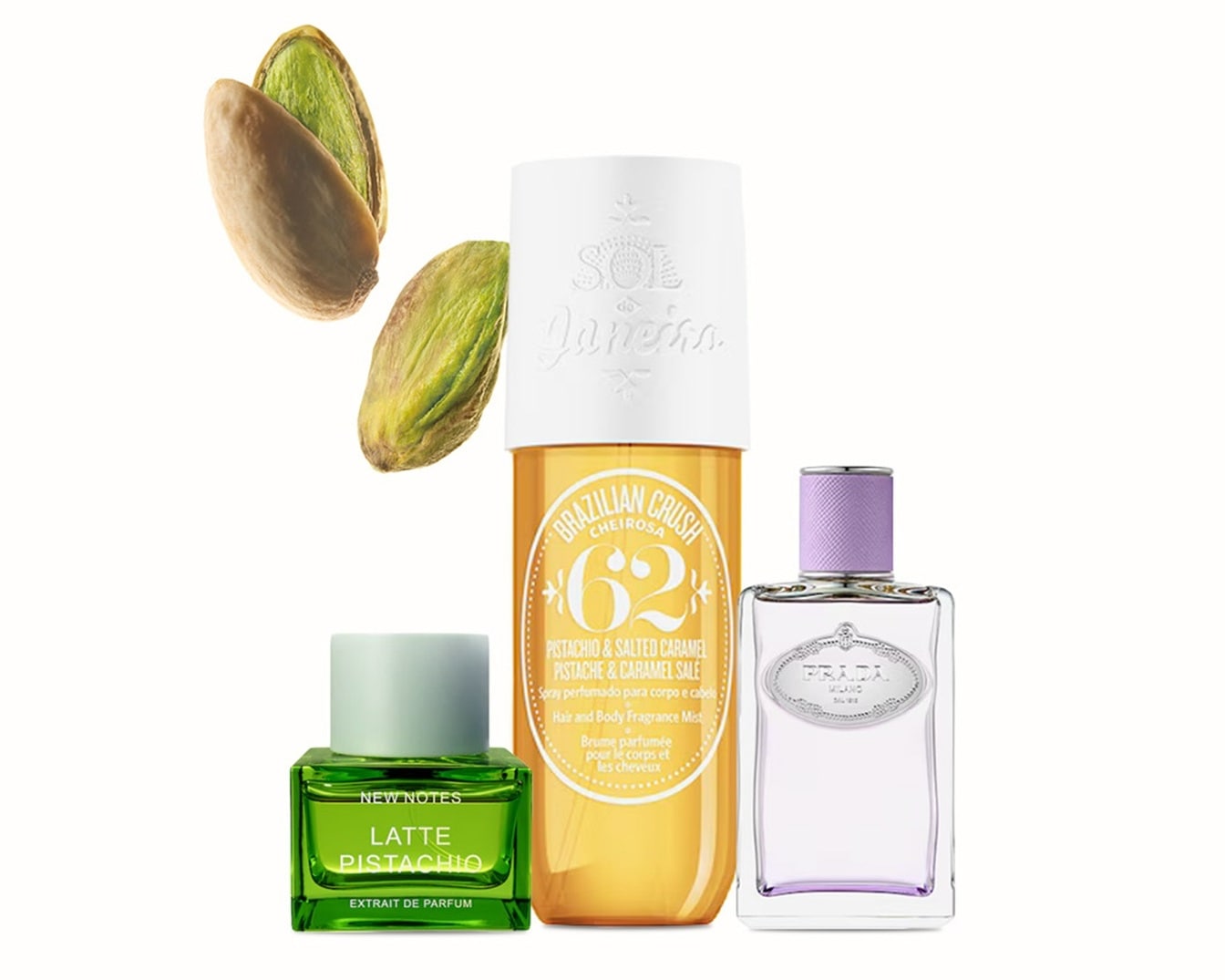 Drei Parfums sind zu sehen: New Notes Latte Pistachio, Brazilian Crush Cheirosa 62 und Prada, die eine Reihe von Düften für unterschiedliche Geschmäcker und Vorlieben präsentieren.