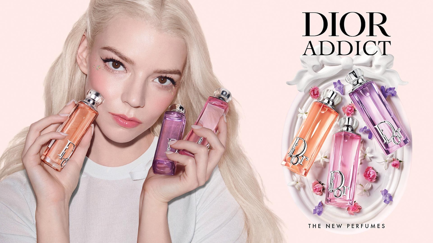 Blonde Frau hält Dior Addict Parfums in Pfirsich-, Rosa- und Lilatönen, während eine Anordnung der Düfte mit Blumen auf einem Teller präsentiert wird.