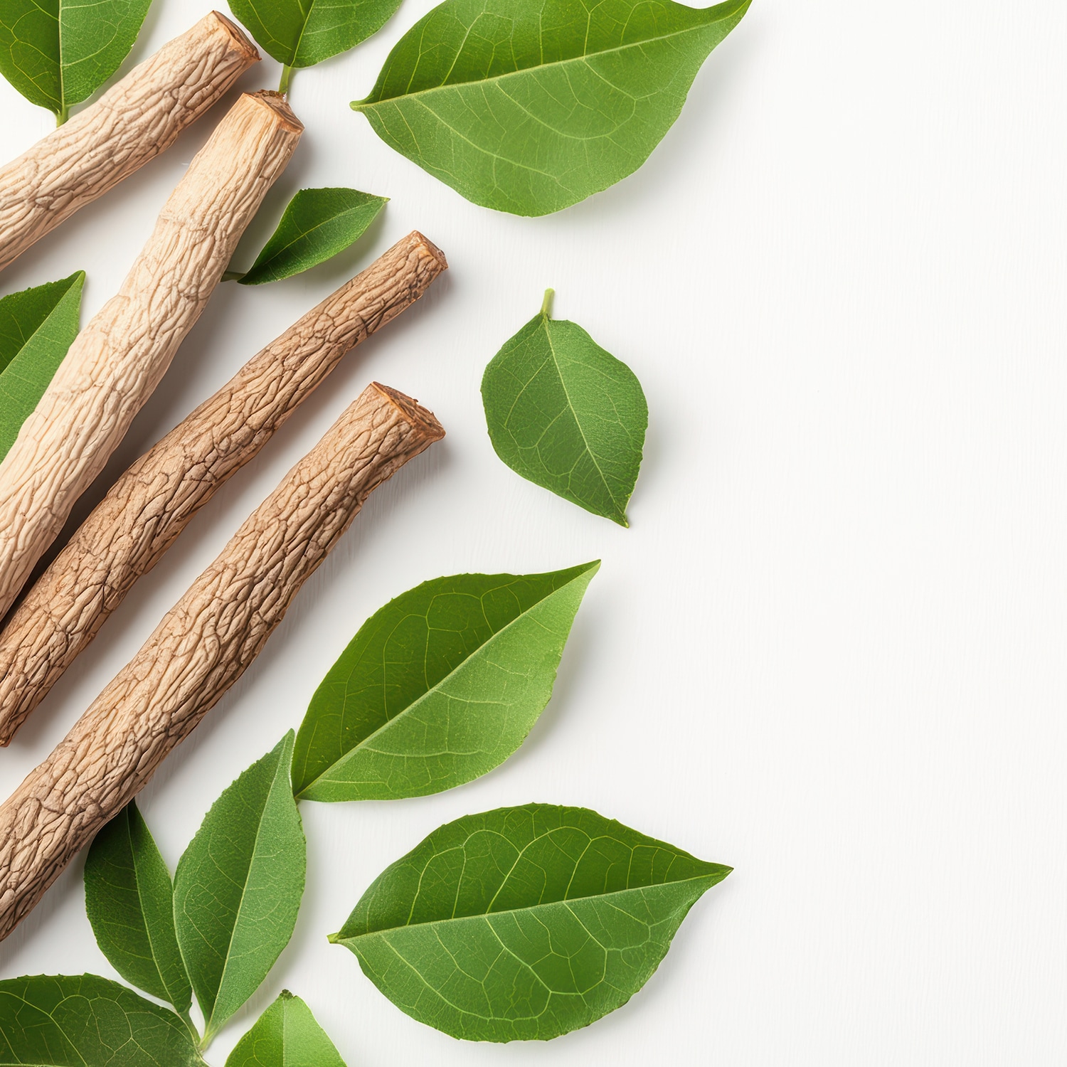 Nahaufnahme von Miswak-Zahnbürsten mit grünen Blättern auf weißem Hintergrund, die natürliche Zahnpflege und traditionelle Mundhygiene fördern.