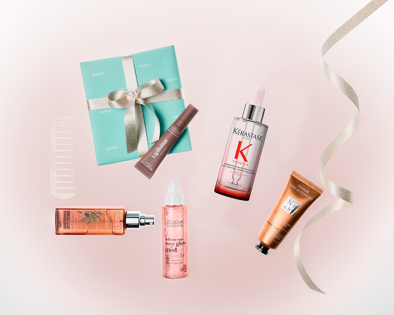 Découvrez une sélection de produits de beauté, incluant un coffret cadeau turquoise, un LipButter, un sérum Kérastase Genesis, une brume rosée Douglas et un soin The Botanist.