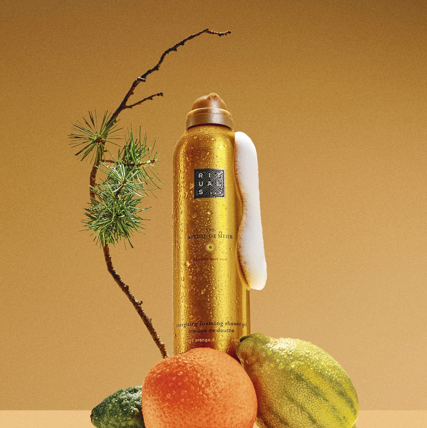 Goldene Rituals Of Mehr Duschschaumflasche mit Orangen- und Zedernholzaroma, umgeben von frischen Zitrusfrüchten und einem grünen Zweig.