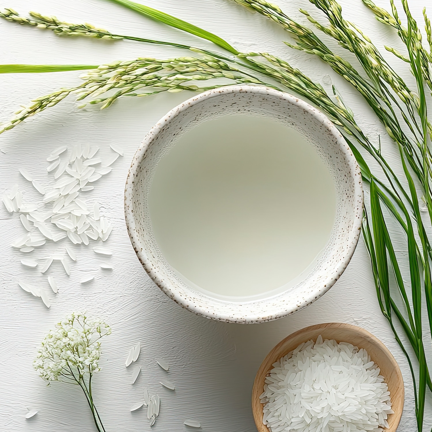 Draufsicht auf eine Schale mit Reiswasser, umgeben von Reispflanzen, losen Reiskörnern und einer kleinen weißen Blume auf einem weißen Untergrund.