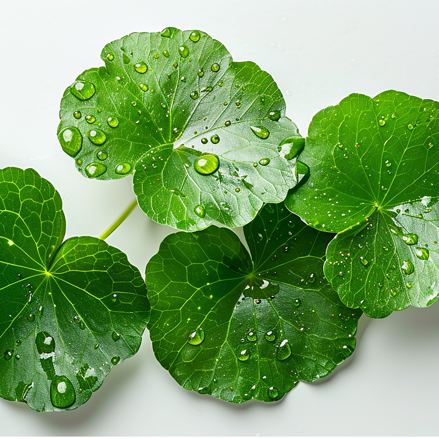 Nahaufnahme von grünen Blättern mit Wassertropfen, die Frische und natürliche Schönheit hervorheben.