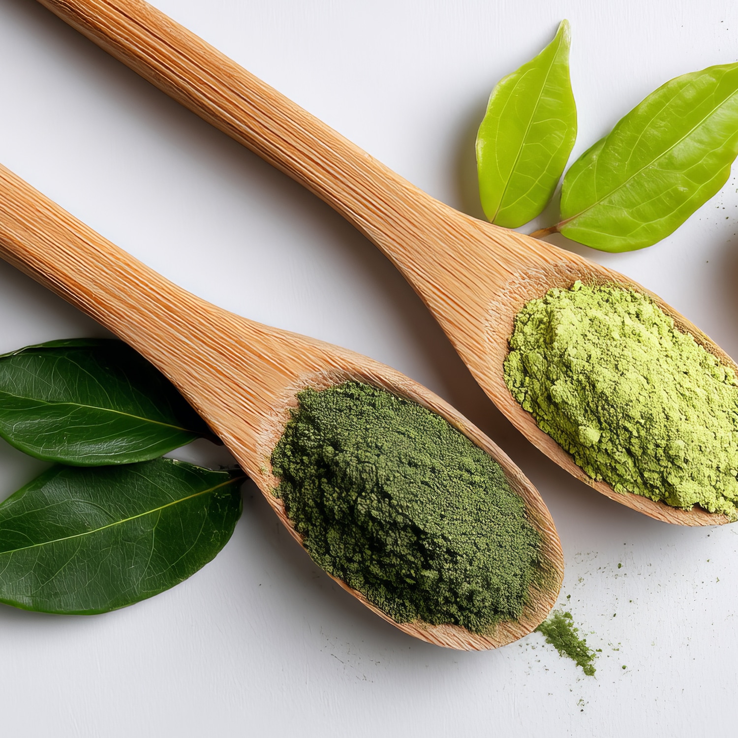 Nahaufnahme von zwei Holzlöffeln, gefüllt mit grünem Pulver und verziert mit grünen Blättern, die die natürliche Essenz und die erdigen Aromen hervorheben.