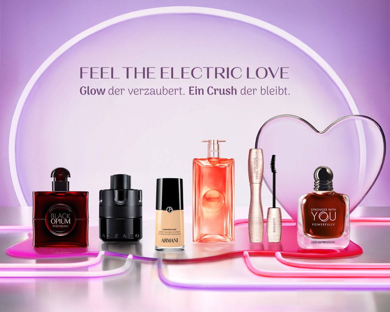 Entdecken Sie eine Auswahl an Düften und Make-up-Produkten, darunter Black Opium, Azzaro und Luminous Silk von Armani, um Ihre elektrische Liebe zu entfachen.