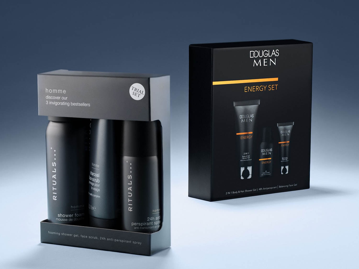 Objevte naši sadu Rituals Homme Trial Set se sprchovou pěnou, peelingem na obličej a 24hodinovým antiperspirantem ve spreji a sadu Douglas Men Energy s 2v1 sprchovým gelem na tělo a vlasy, antiperspirantem na 48 hodin a vyvažujícím gelem na obličej.