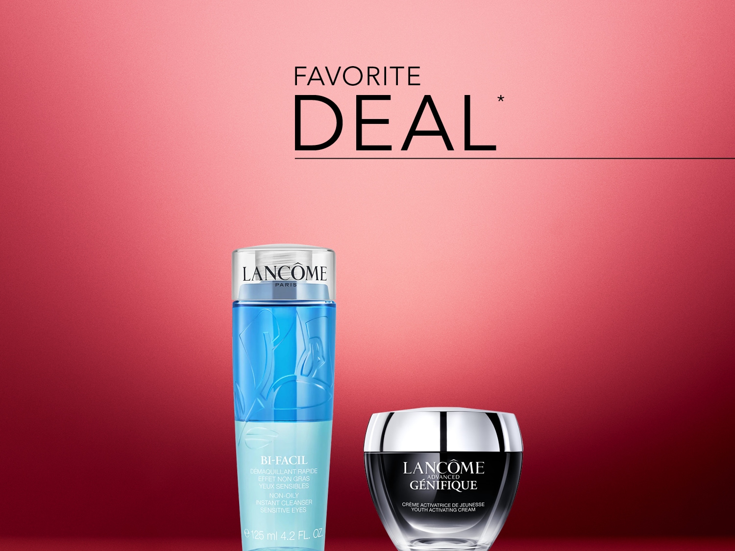 Ontdek de Lancôme Bi-Facil oogmake-upremover in een blauwe fles en de Génifique jeugdactiverende crème in een zwarte pot, nu met een favoriete deal.