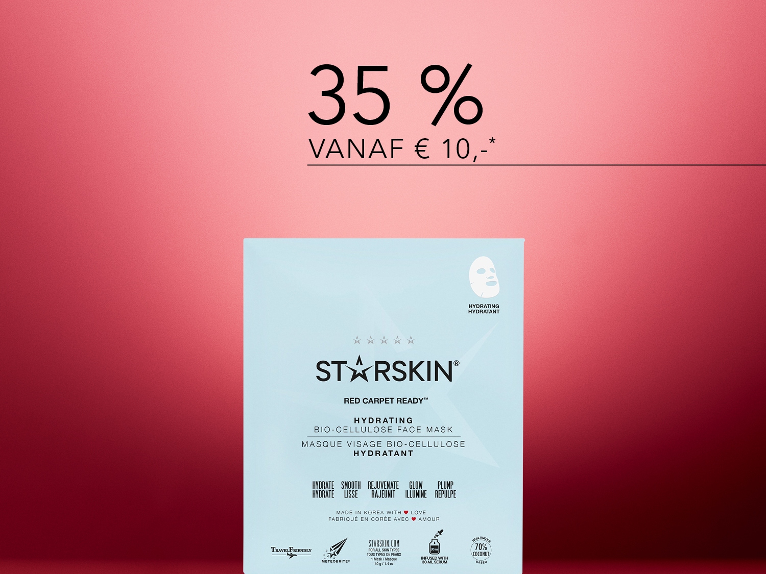 Geniet van 35% korting op het STARSKIN Red Carpet Ready hydraterend bio-cellulose gezichtsmasker, nu vanaf € 10,-, voor een gehydrateerde, gladde en stralende huid.