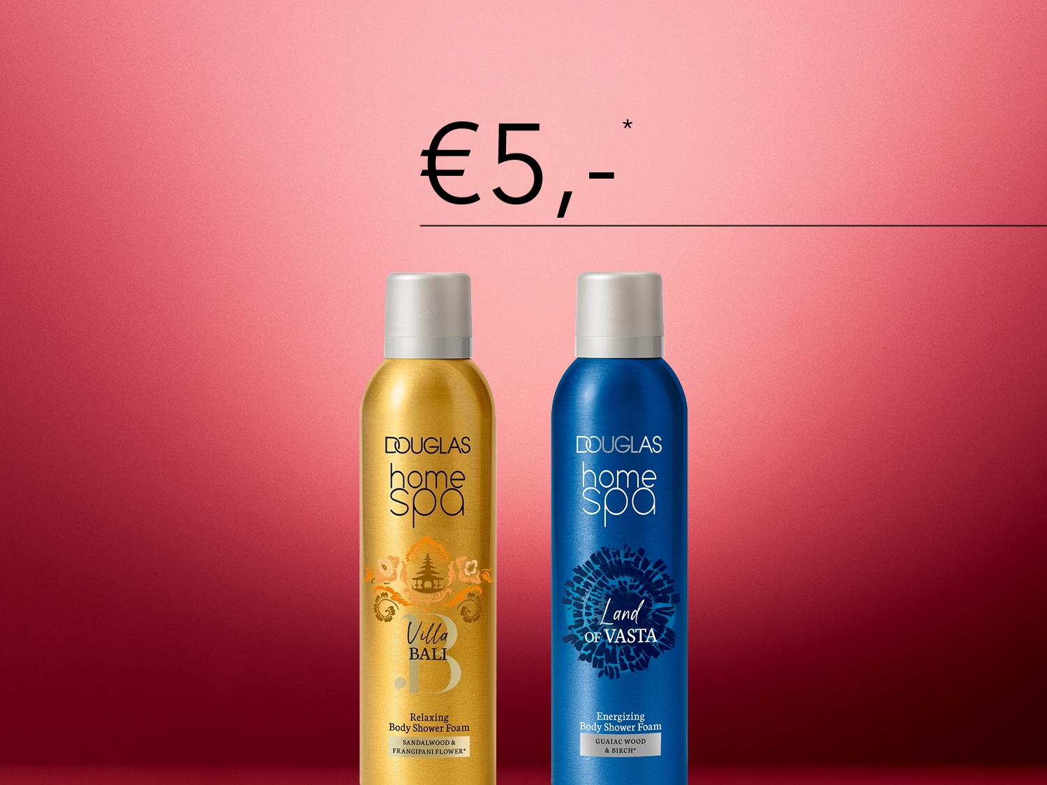 Twee Douglas Home Spa body shower foams, Villa Bali in goud en Land of Vasta in blauw, geprijsd voor €5.