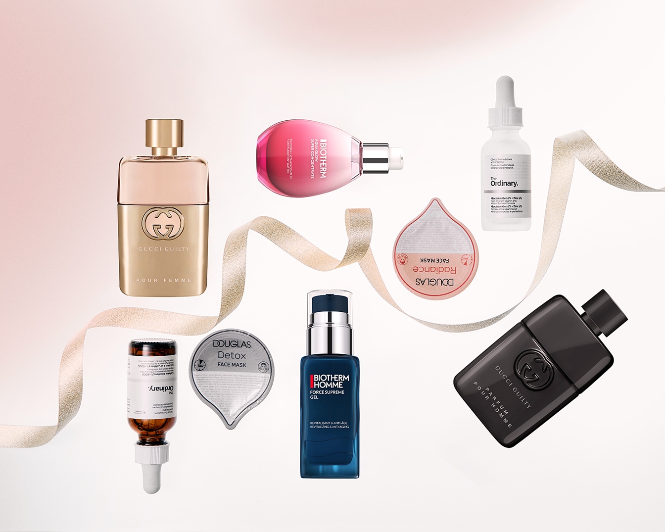 Ontdek een verzameling schoonheidsproducten, waaronder Gucci Guilty Pour Femme, Biotherm Aqua Glow Super Concentrate, The Ordinary-serums en Douglas-gezichtsmaskers, allemaal gepresenteerd met een elegante lint.