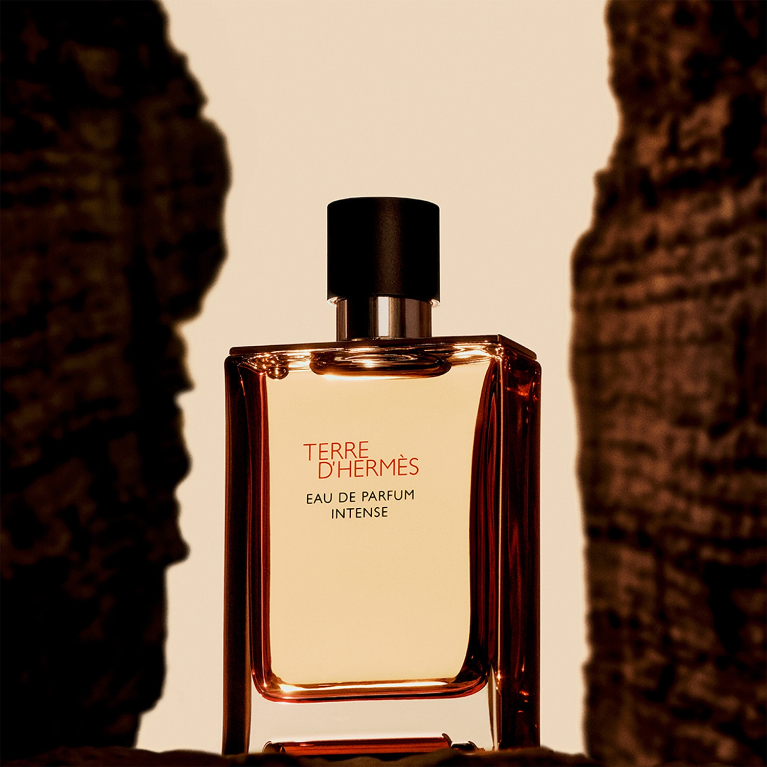 Découvrez Terre d'Hermès Eau de Parfum Intense, un parfum ambré et boisé présenté dans un flacon en verre élégant avec un bouchon noir.