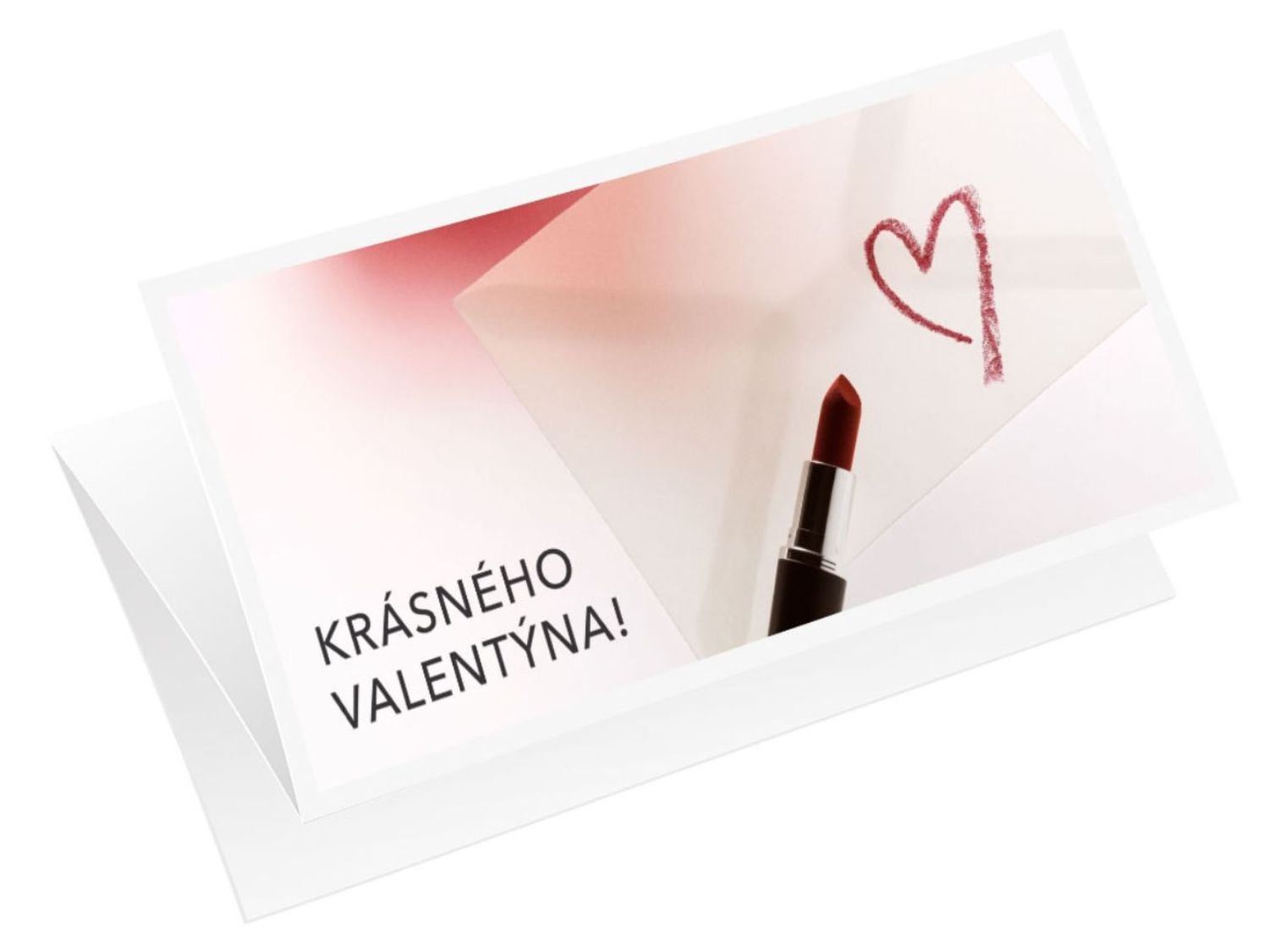 A képeslap egy piros szívvel és egy rúzzsal van díszítve, a "Krásného Valentýna!" felirattal.