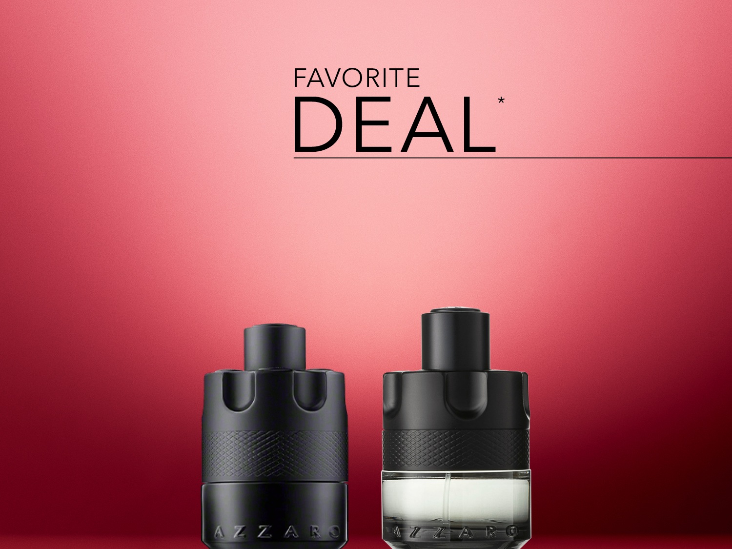 Découvrez l'offre spéciale sur le parfum Azzaro The Most Wanted : deux flacons élégants, l'un entièrement noir et l'autre partiellement transparent, sur un fond rouge dégradé.