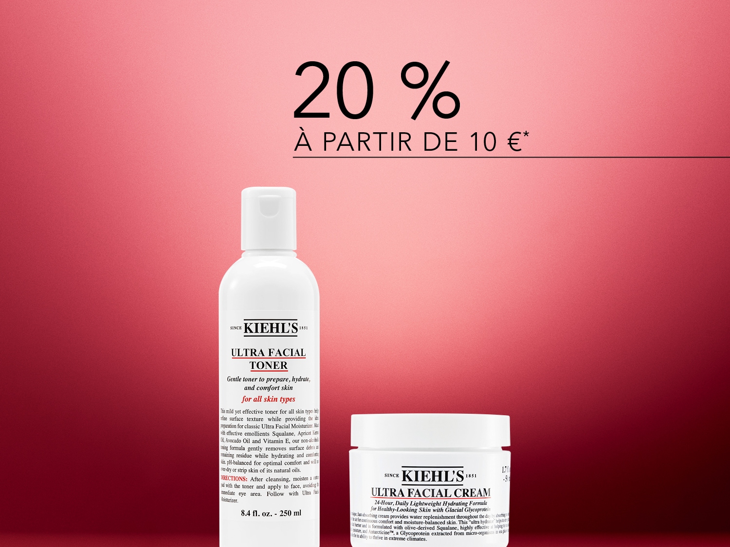 Découvrez le tonique et la crème pour le visage Ultra Facial de Kiehl's, conçus pour hydrater et adoucir tous les types de peau, maintenant avec 20% de rabais à partir de 10 €.