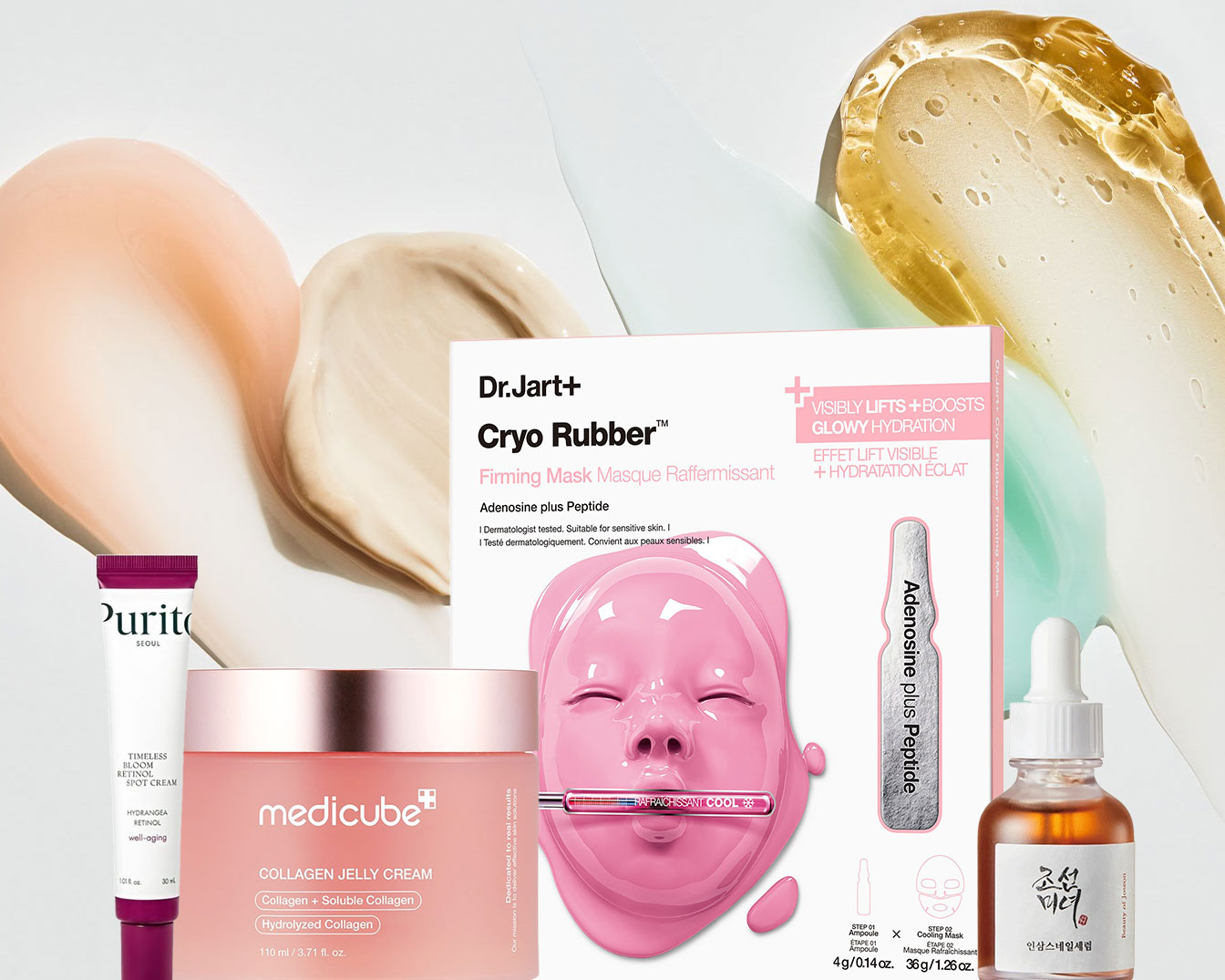 Entdecken Sie eine Auswahl an Hautpflegeprodukten, darunter Purito Timeless Bloom Retinol Spot Cream, Medicube Collagen Jelly Cream und Dr.Jart+ Cryo Rubber Maske, für eine umfassende Schönheitsroutine.