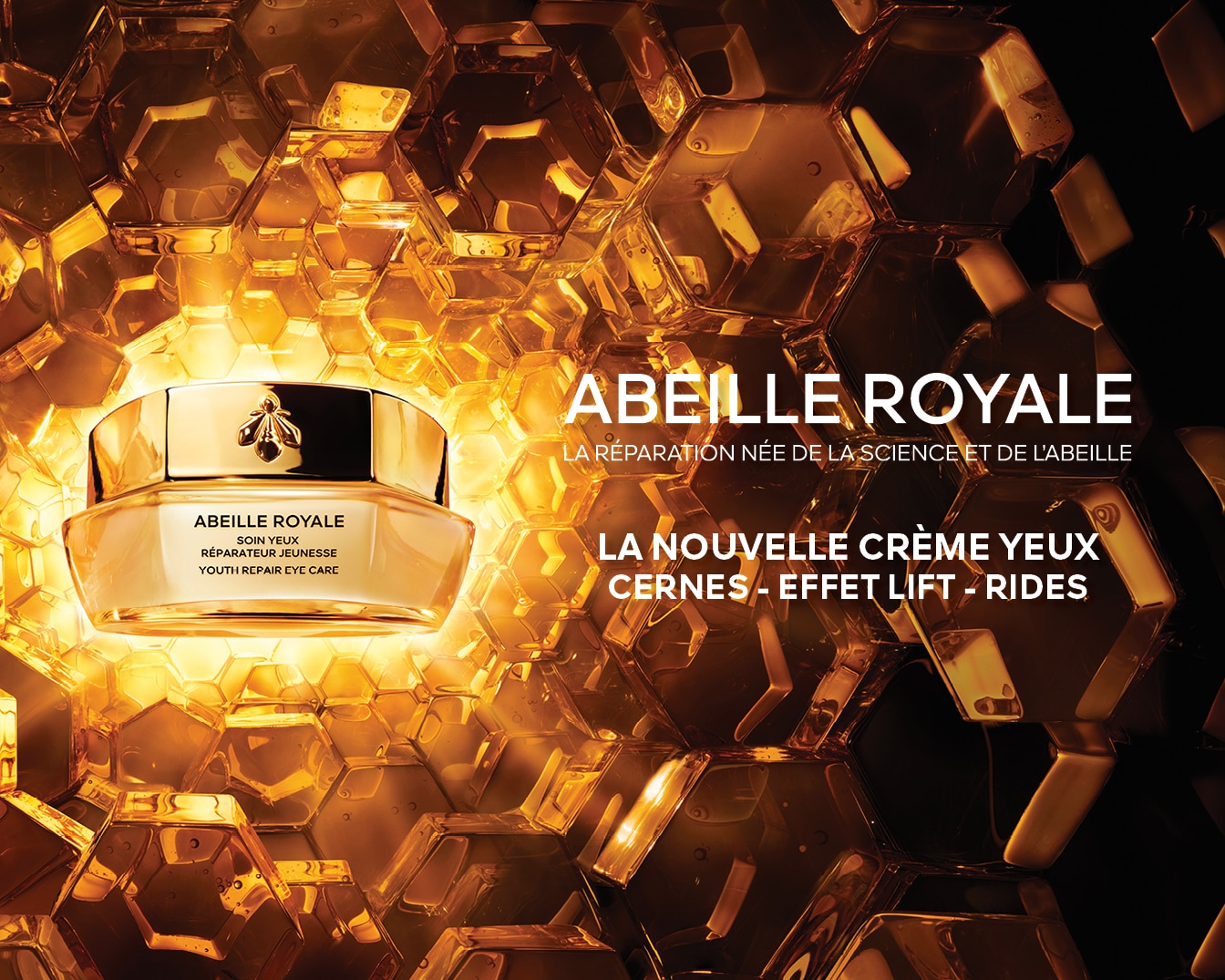 Découvrez Abeille Royale Soin Yeux Réparateur Jeunesse, une crème pour les yeux qui réduit les cernes, lifte et atténue les rides, avec un packaging doré luxueux.