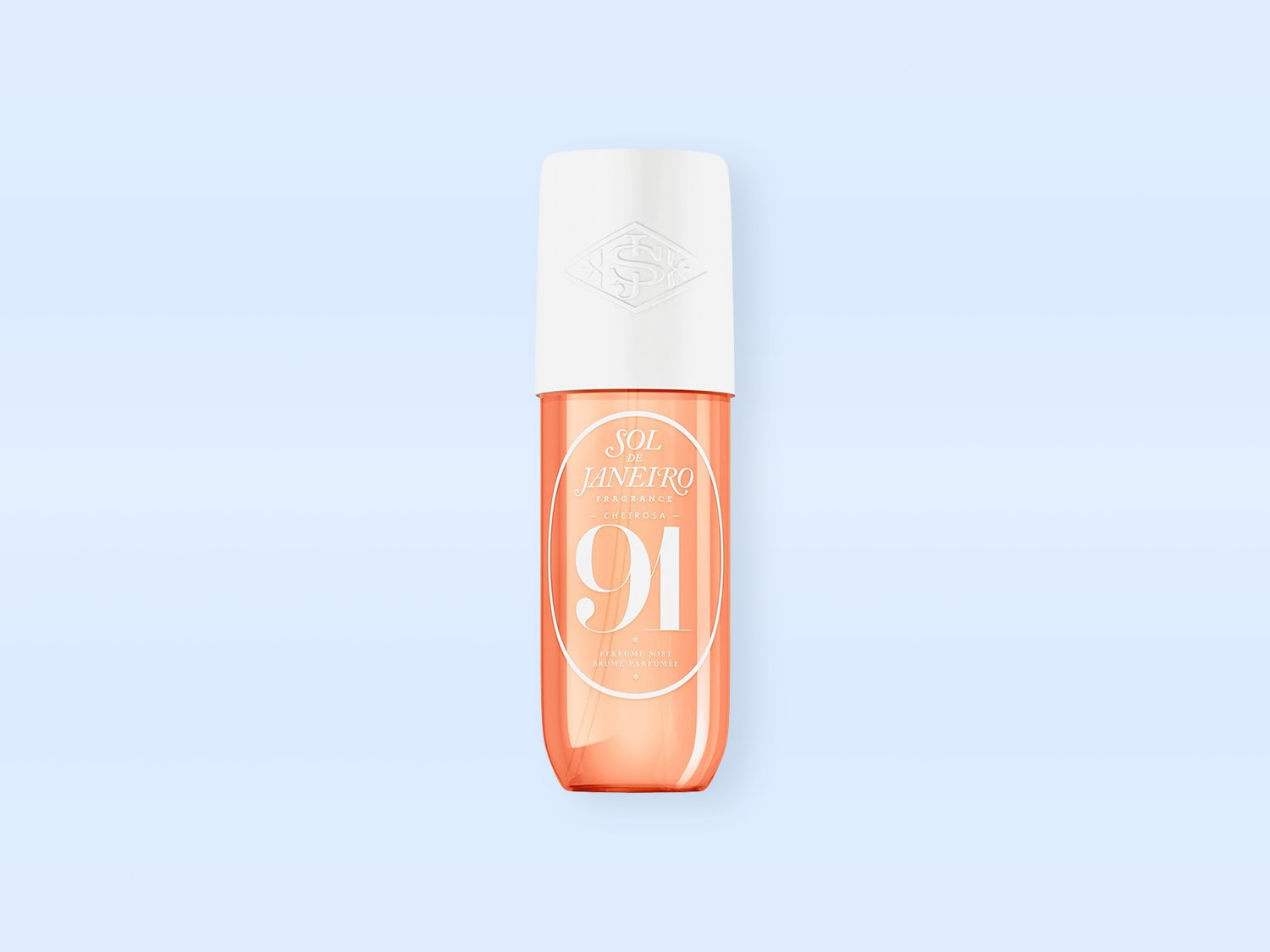 Sol de Janeiro Duft mit durchsichtigem, orangefarbenem Flakon und weißer Kappe, beschriftet mit "Fragrance Cheirosa '91".