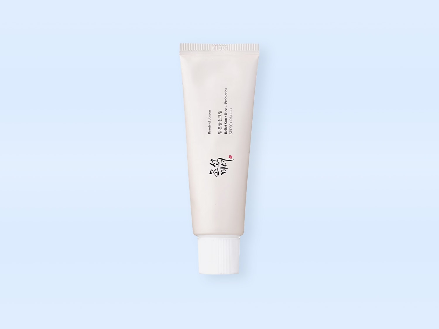 Eine Tube Beauty of Joseon Sonnenschutzmittel mit Reis und Probiotika, SPF50+ PA++++, in einer schlichten, hellen Verpackung.