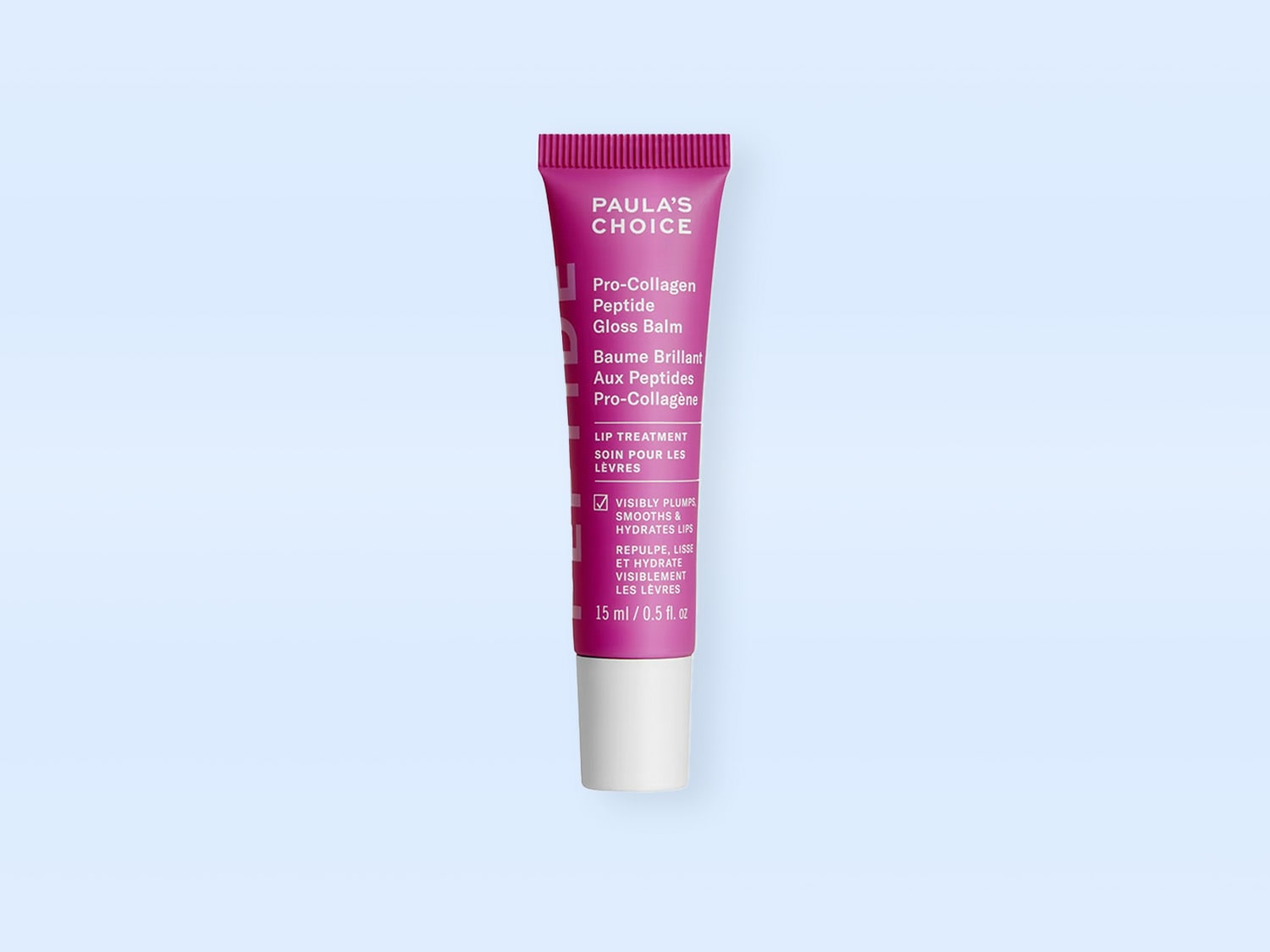 Paula's Choice Pro-Collagen Peptide Gloss Balm in einer pinkfarbenen Tube mit weißer Kappe, die eine Lippenbehandlung zur sichtbaren Aufpolsterung, Glättung und Hydratisierung der Lippen verspricht.