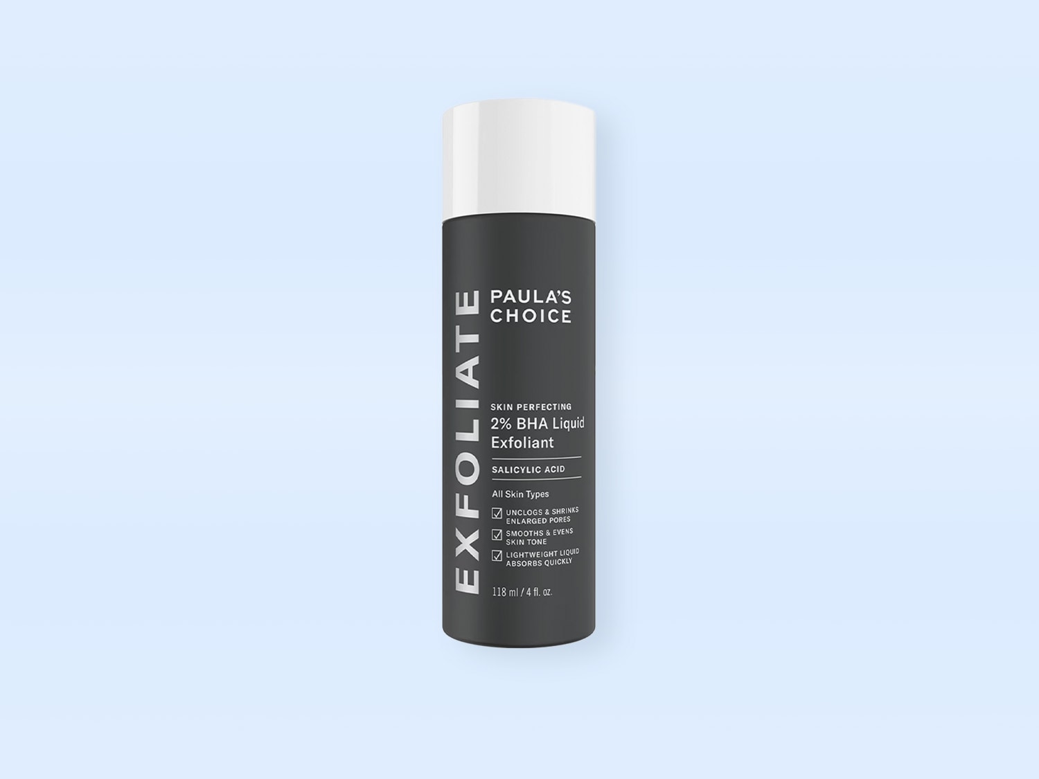 Paula's Choice Skin Perfecting 2% BHA Liquid Exfoliant mit Salicylsäure, geeignet für alle Hauttypen, in einer schlanken, dunkelgrauen Flasche mit weißer Kappe.