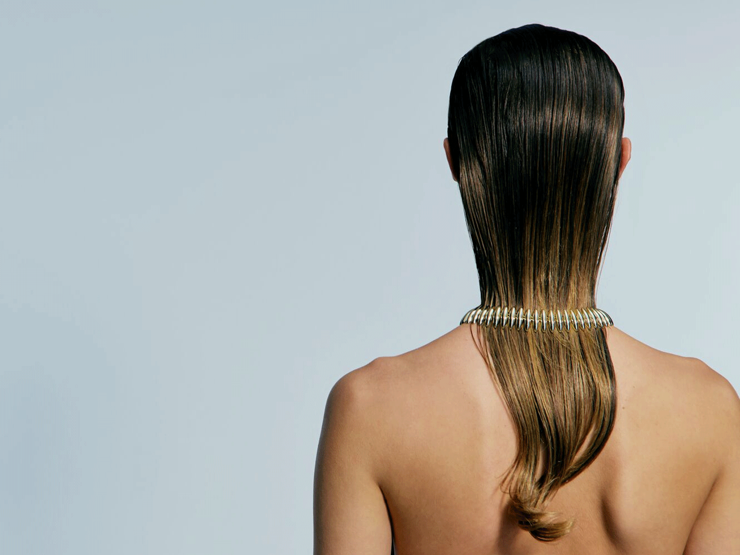 Nahaufnahme einer Frau von hinten mit nacktem Oberkörper, nassem, dunklem Haar und einer goldenen Halskette.