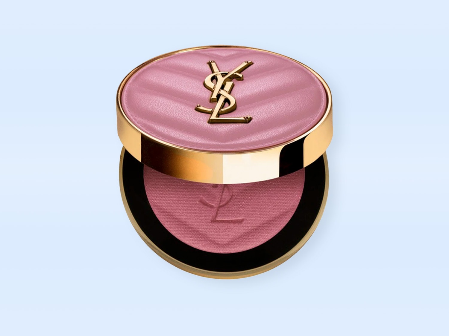 Nahaufnahme von YSL Rouge Volupté Shine Lippenstift in zartem Rosa mit goldenem YSL-Logo auf der Verpackung.