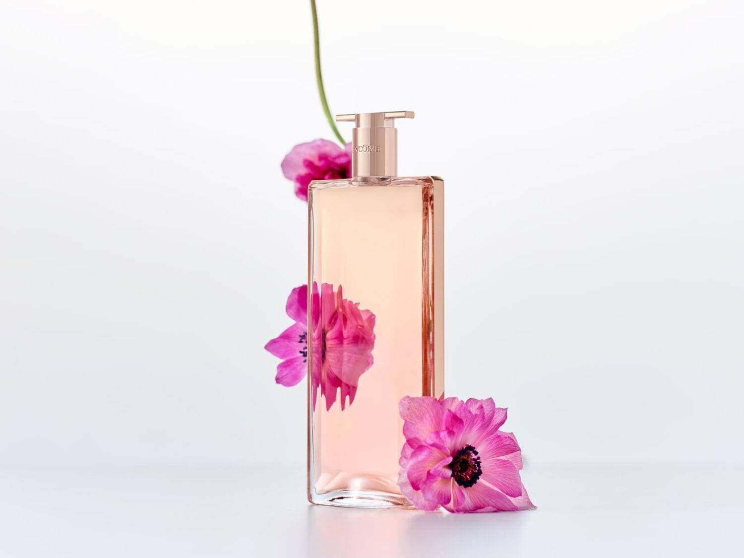 Découvrez le parfum Lancôme Idôle dans son flacon rectangulaire rose clair, orné de fleurs roses éclatantes, une invitation olfactive à la féminité moderne.
