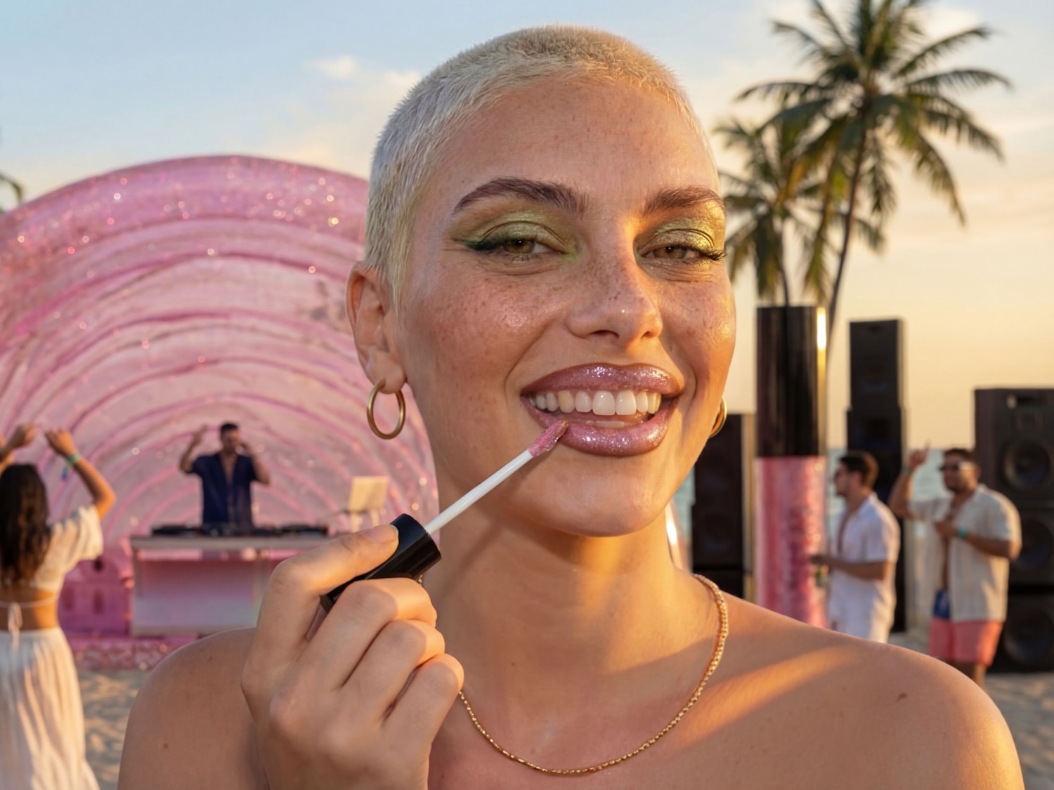Eine Frau mit kurzen blonden Haaren und goldenem Schmuck trägt glitzernden Lipgloss auf, während im Hintergrund eine Strandparty mit Palmen und Musik stattfindet.