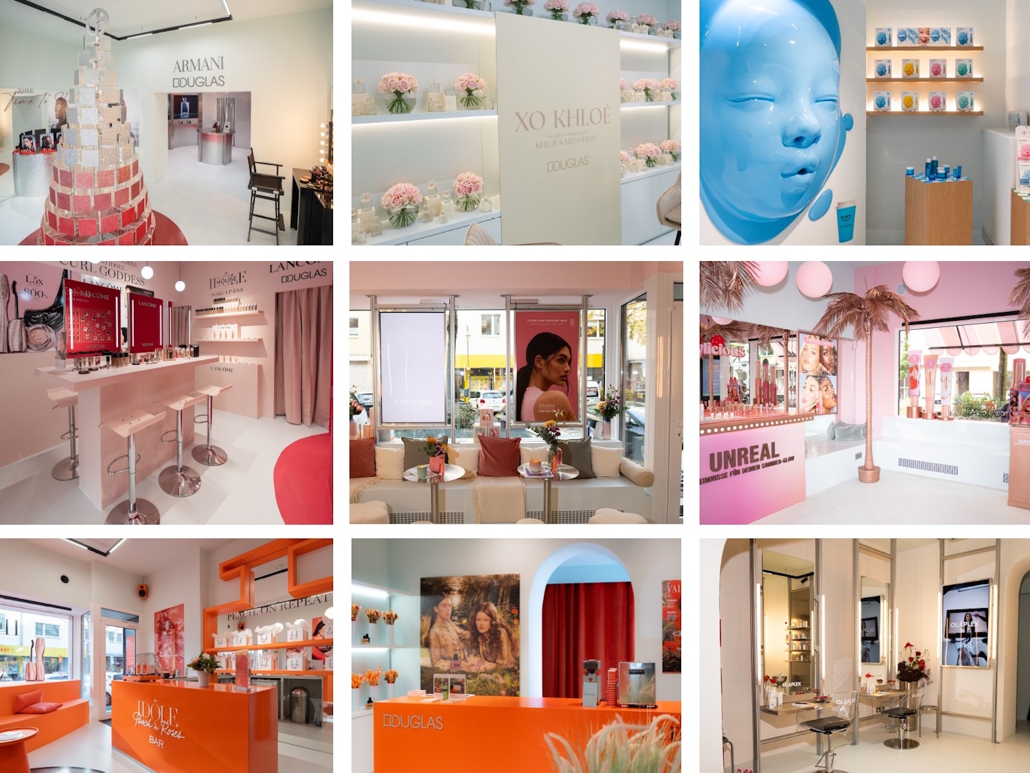 Entdecke die Welt von Douglas: Hier siehst du verschiedene Beauty-Bereiche, von Armani bis hin zu Khloé Kardashian, die zum Erkunden und Verweilen einladen.