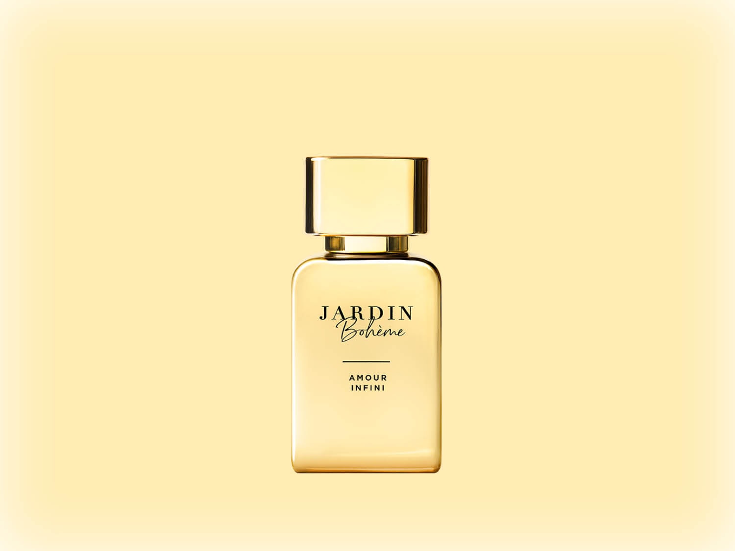 Découvrez le parfum Jardin Bohème Amour Infini, présenté dans un flacon doré élégant et minimaliste, promesse d'un amour sans fin.
