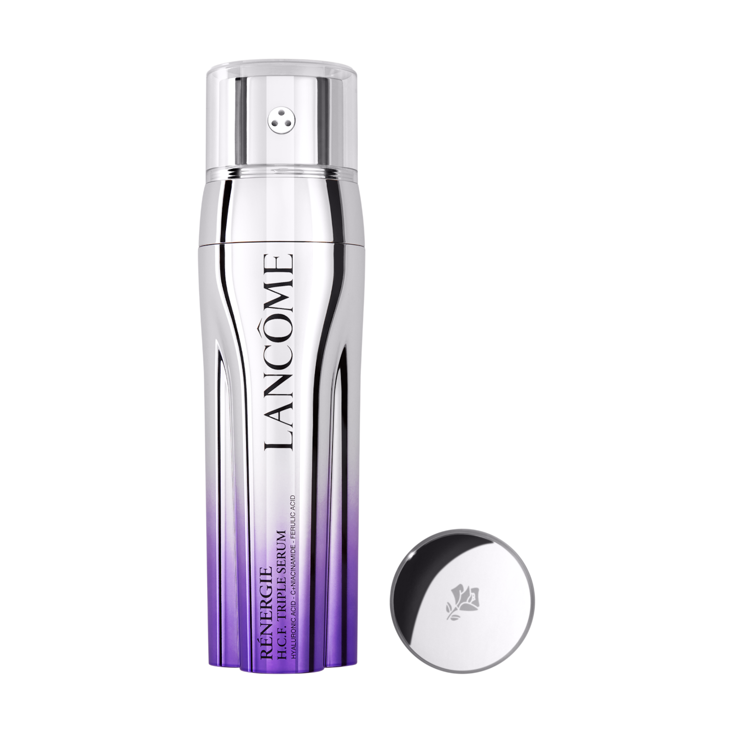 Das Lancôme Rénergie H.C.F. Triple Serum in einer silbernen Flasche, die zu einem violetten Farbton übergeht, mit Hyaluronsäure, C+Niacinamid und Ferulasäure für eine revitalisierte Haut.