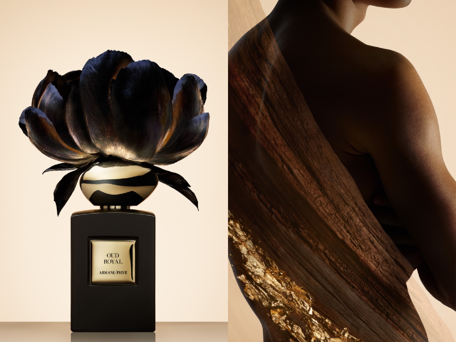 Découvrez Oud Royal d'Armani Privé, un parfum luxueux présenté dans un flacon noir orné d'une fleur sombre et élégante, évoquant la richesse et la profondeur de l'oud.