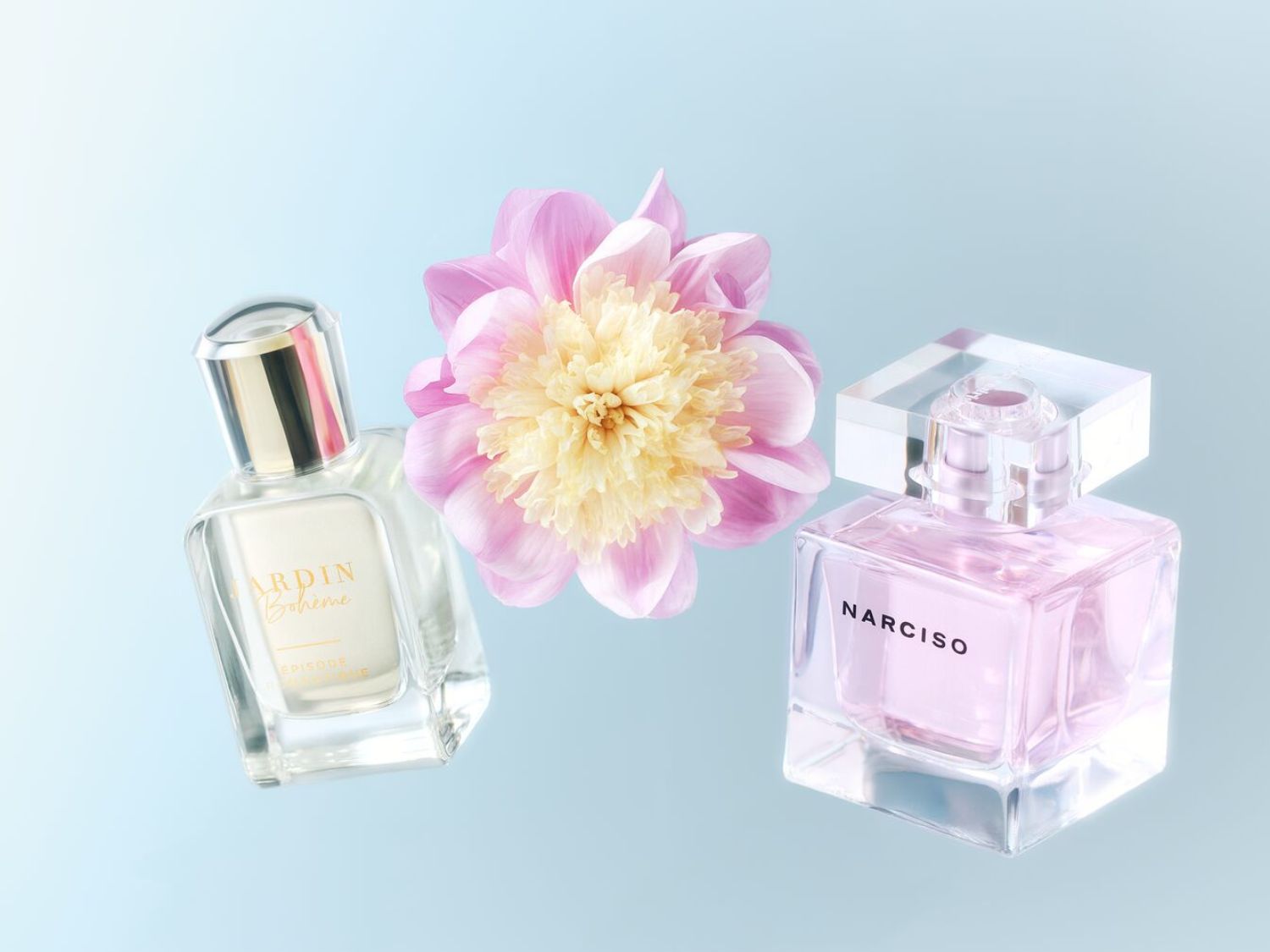 Dva flakony parfémů Jardin Boheme a Narciso s růžovým květem na světle modrém pozadí.